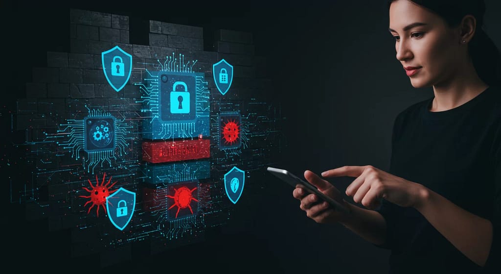 Sistema de defesa digital com múltiplas camadas de segurança contra golpes de IA, mostrando métodos práticos de proteção como autenticação em duas etapas e verificação biométrica.