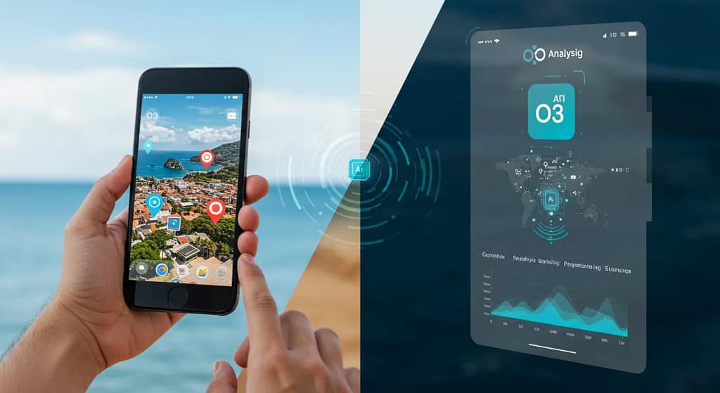 Demonstração do modelo o3 OpenAI analisando uma foto de viagem para identificar a localização exata, exemplificando o processamento de imagens por inteligência artificial.