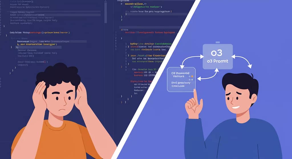 Usuário utilizando o3 prompts para identificar e corrigir erros de programação, demonstrando o raciocínio em etapas da inteligência artificial para solução de problemas técnicos.