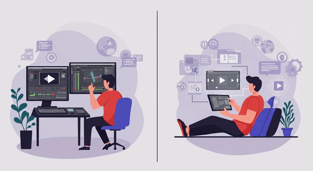 Comparação entre edição tradicional de vídeo e nova tecnologia text-to-video, mostrando a simplicidade e acessibilidade da criação de conteúdo com IA.