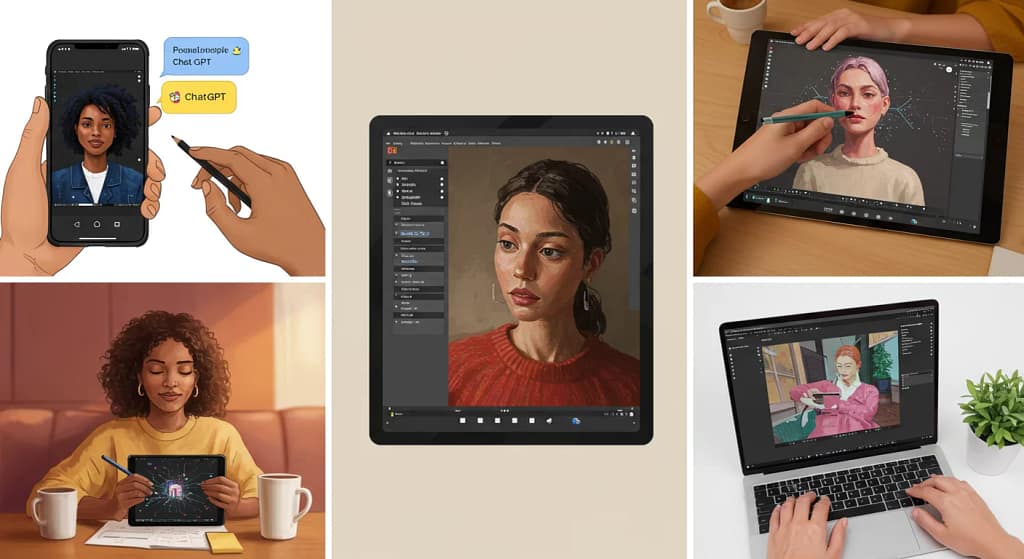 Pessoas utilizando ferramentas de IA generativa como ChatGPT, Midjourney e DALL-E em situações cotidianas, demonstrando aplicações práticas dessa tecnologia na criação de textos e imagens.