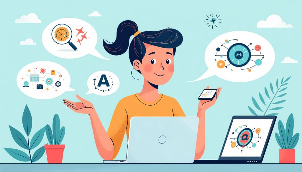 Pessoa utilizando ferramentas de inteligência artificial em diferentes dispositivos, demonstrando a aplicação prática do glossário de IA no cotidiano.