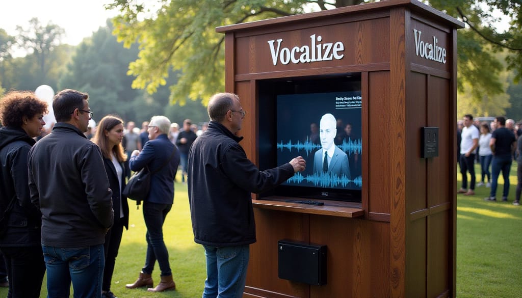 Cabine à prova de som da instalação Vocalize no Hay Festival, onde visitantes interagem com a voz digital de Stephen Fry em uma experiência imersiva de IA.