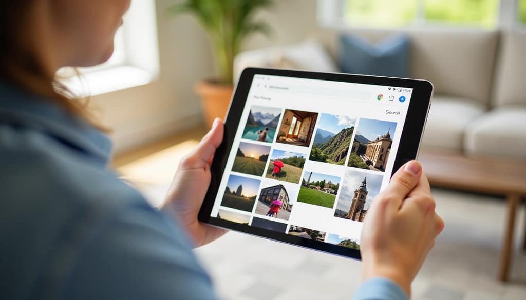 Pessoa usando recursos de IA do Google Fotos em tablet com organização automática de imagens