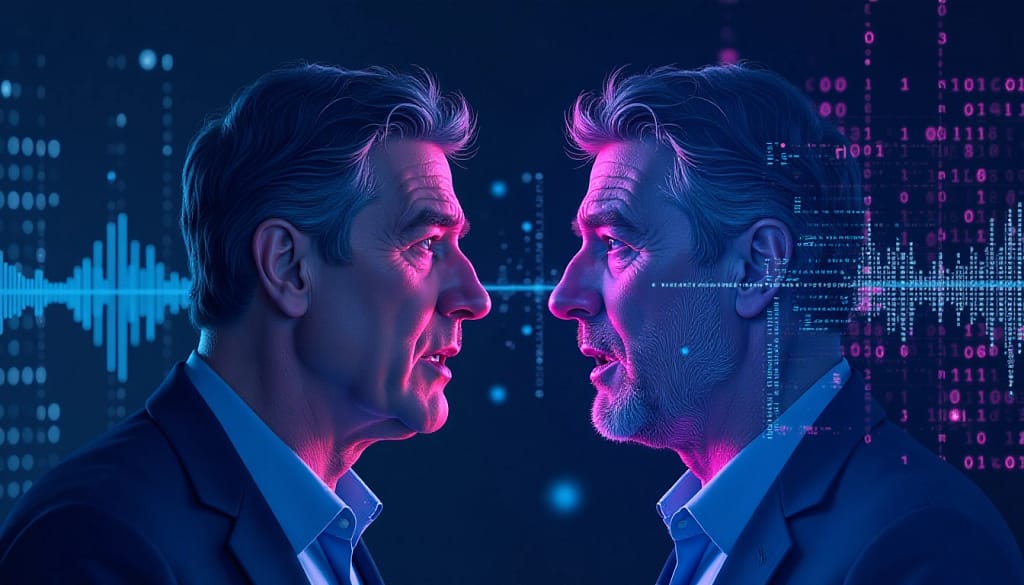 Representação visual dos riscos e benefícios da IA vocal, mostrando a preocupação de Stephen Fry com o uso não autorizado de sua voz por inteligência artificial.