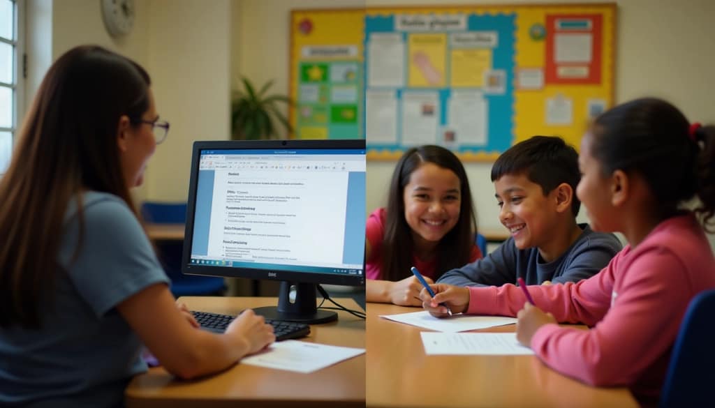 Professor utilizando ChatGPT para criar atividades personalizadas enquanto alunos participam ativamente de exercícios adaptados às suas necessidades individuais.