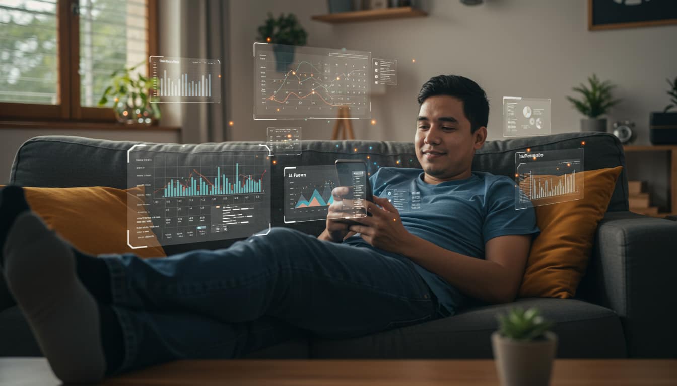 Pessoa utilizando assistente virtual de automação pessoal em smartphone para gerenciar tarefas diárias, finanças e compromissos com tecnologia de inteligência artificial.