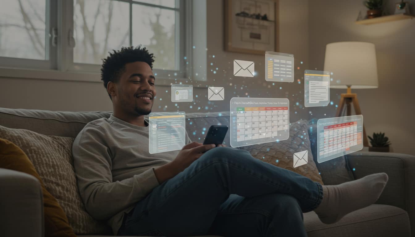 Pessoa relaxada usando smartphone com IA enquanto tarefas diárias são automatizadas ao seu redor