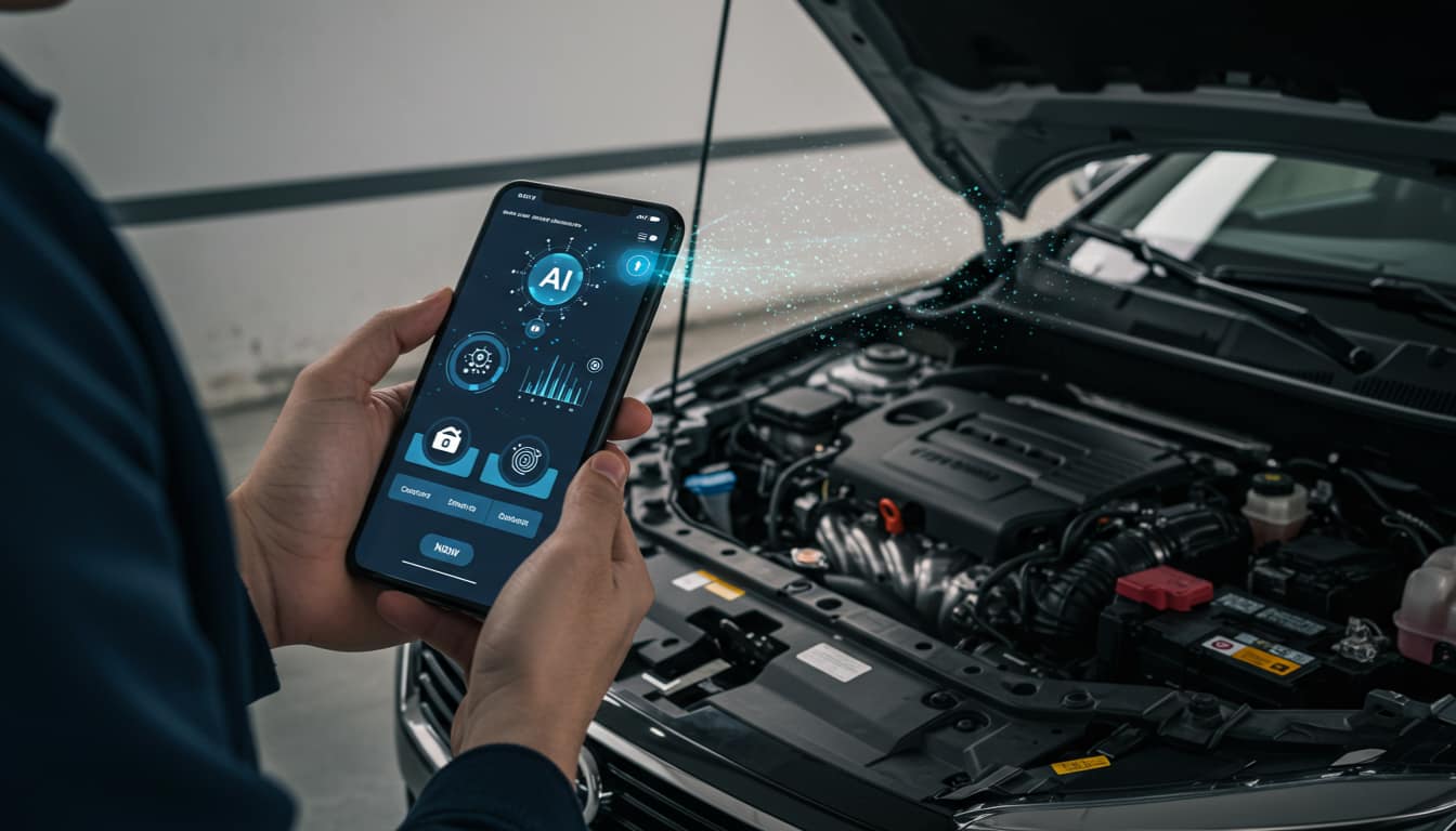 Pessoa usando aplicativo de Inteligência artificial na mecânica do carro