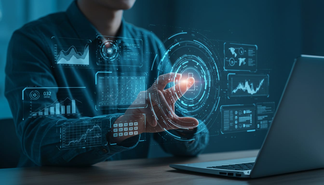 Assistente de IA Manus ajudando usuário com múltiplas tarefas simultaneamente através de interface holográfica