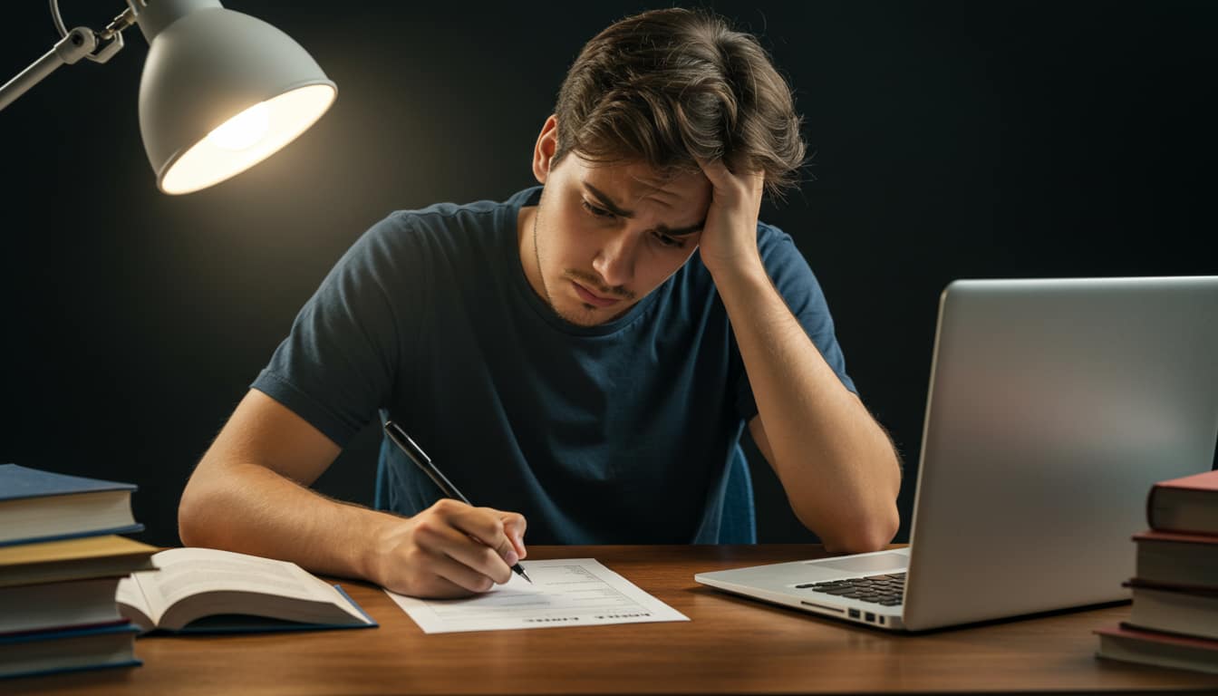 Estudante ansioso diante da folha de redação do ENEM com smartphone mostrando assistente de IA como ferramenta de apoio para preparação da prova.