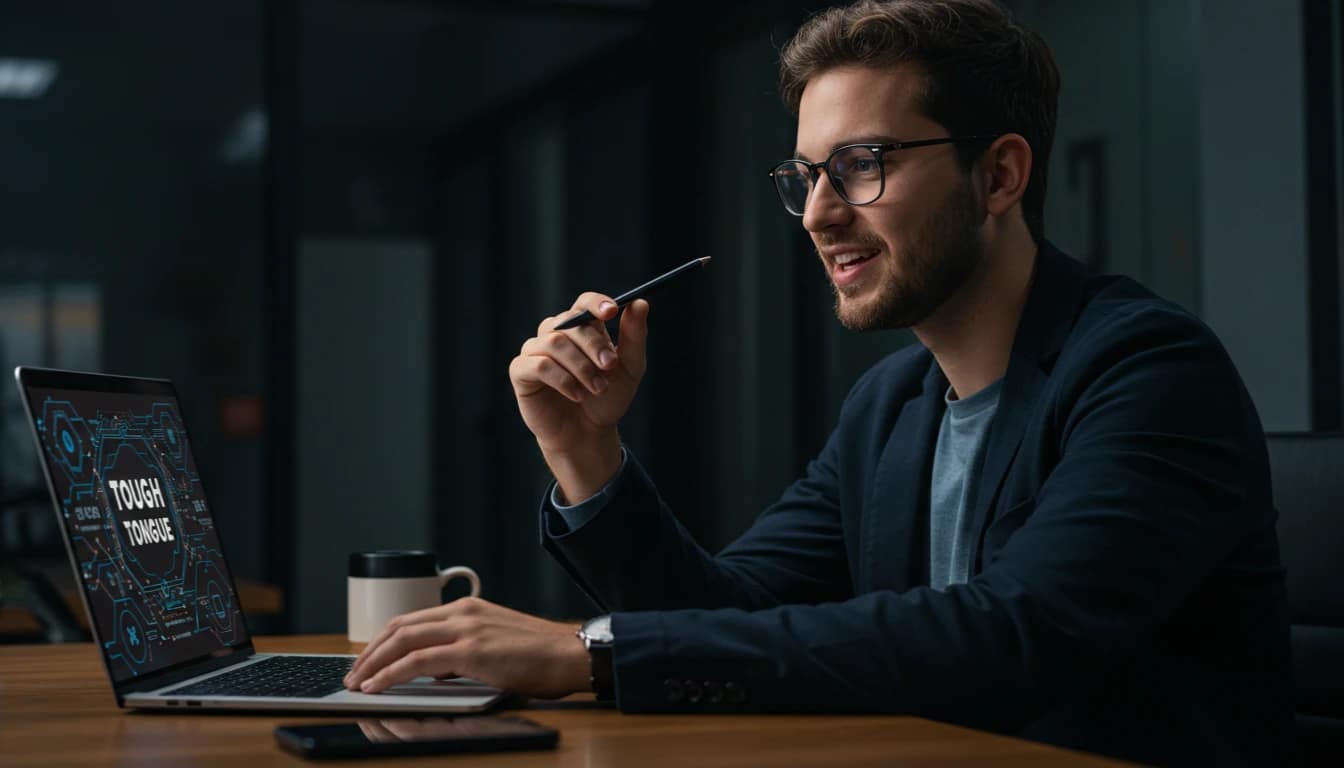 Pessoa usando Tough Tongue AI para praticar inglês em reunião virtual com expressão confiante