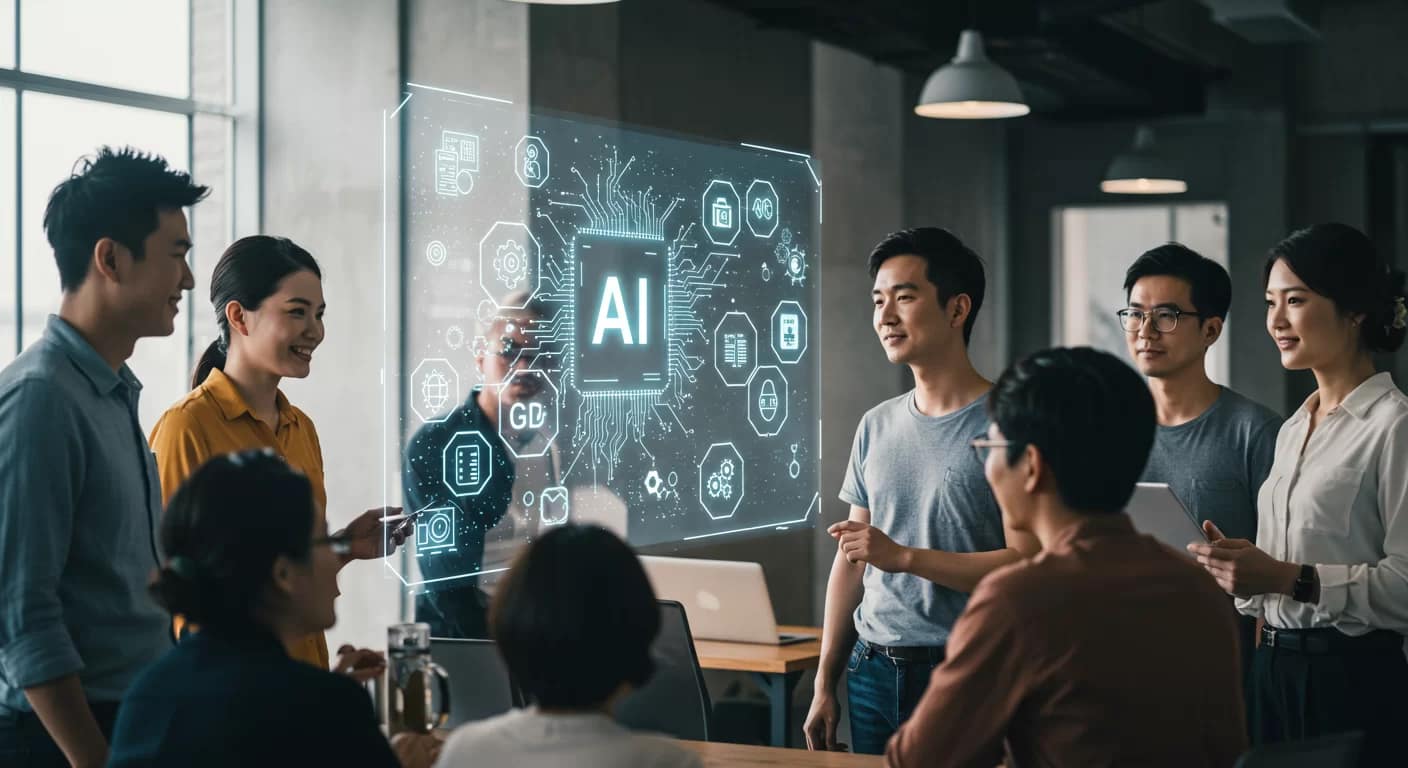 Grupo diverso de pessoas interagindo com termos de inteligência artificial em uma exibição holográfica, representando a acessibilidade do glossário de IA para todos os públicos.