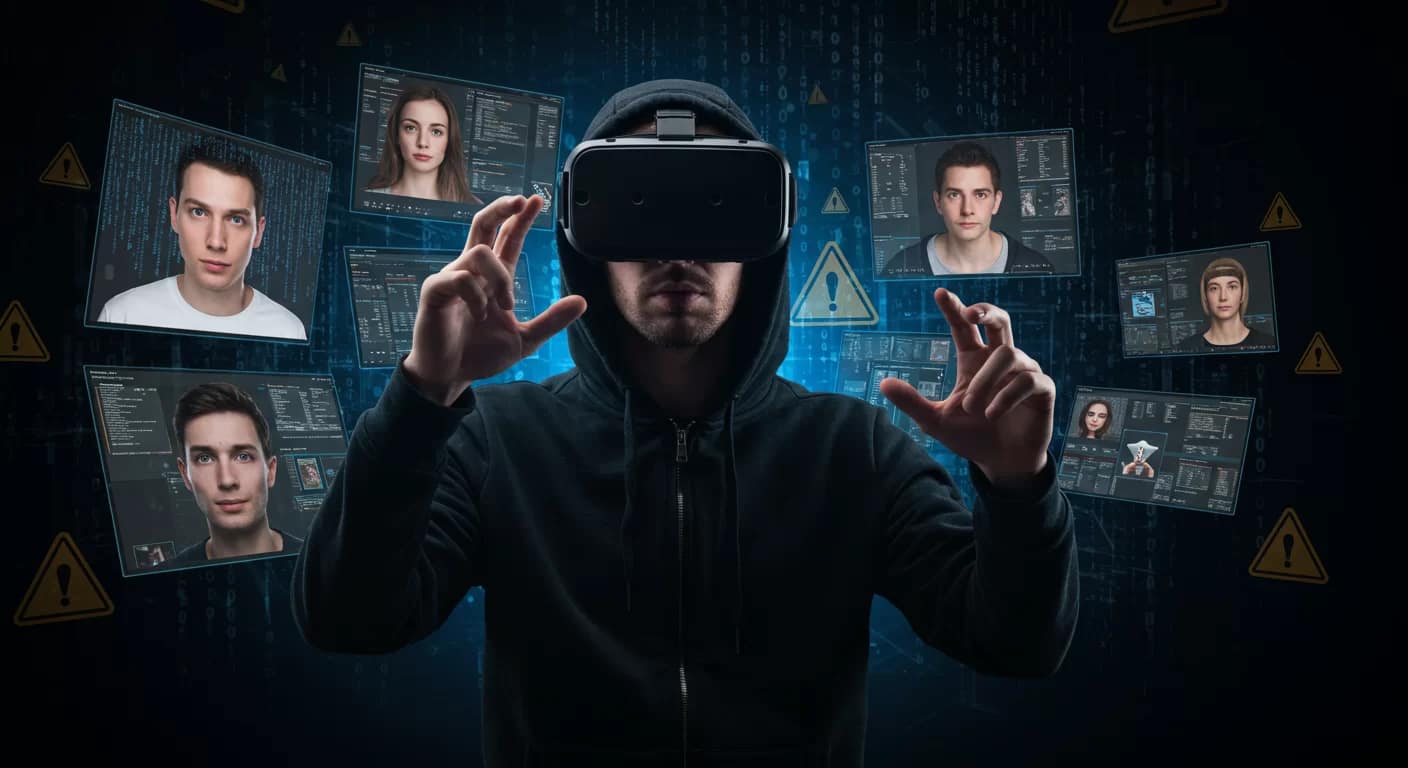 Criminoso digital manipulando golpes de IA em múltiplas telas, representando os modernos golpes de inteligência artificial que causam bilhões em fraudes anualmente.