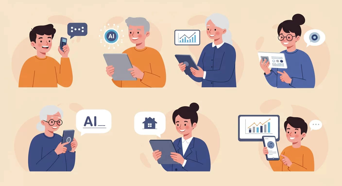 Pessoas de diferentes idades interagindo com 7 tipos de IA no cotidiano, ilustrando como a IA se integra naturalmente à vida moderna através de assistentes virtuais, análise de dados e aplicativos inteligentes.