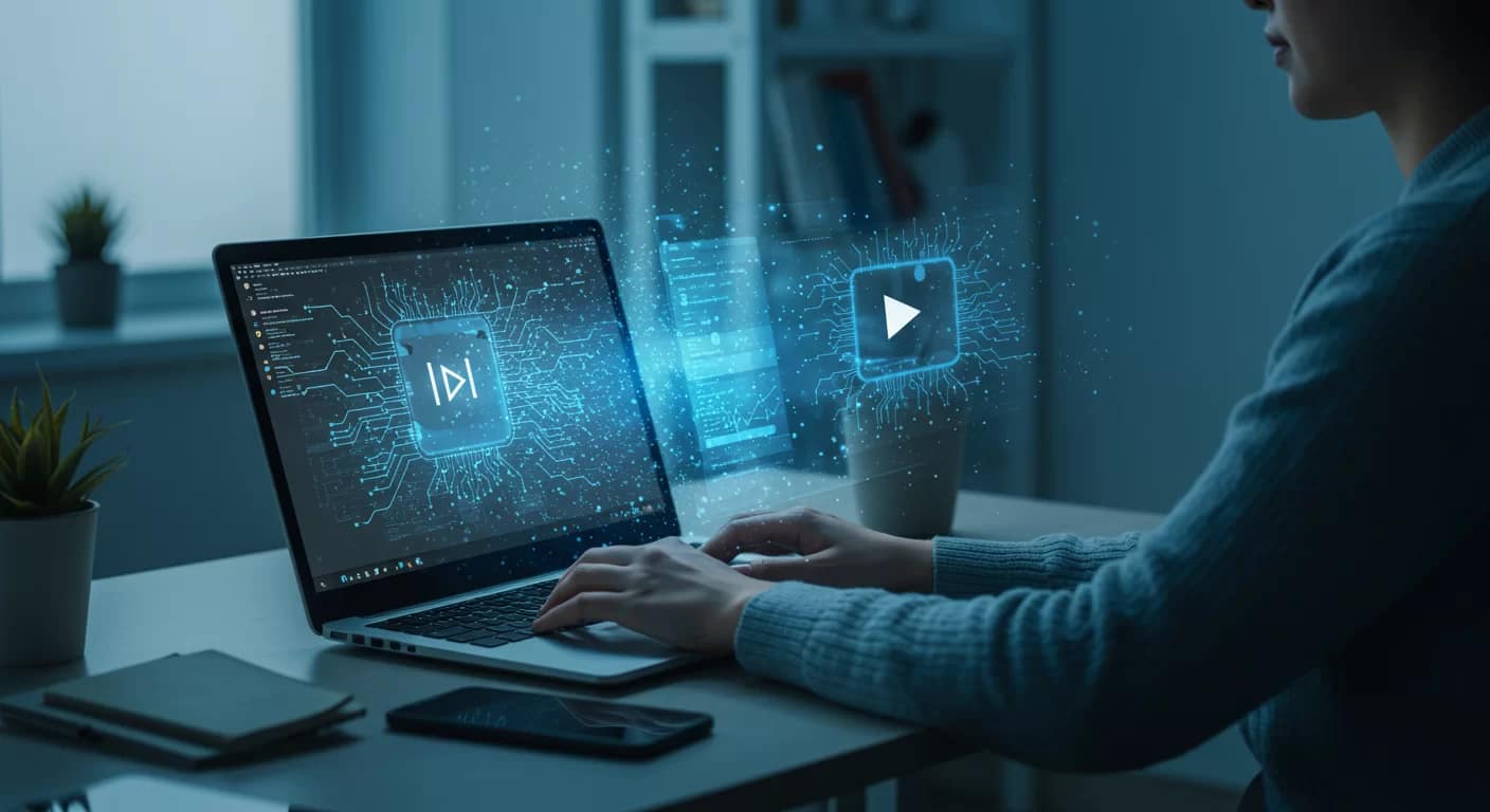 Pessoa criando vídeo com tecnologia text-to-video, transformando texto em conteúdo visual através de inteligência artificial gratuita e acessível para todos.
