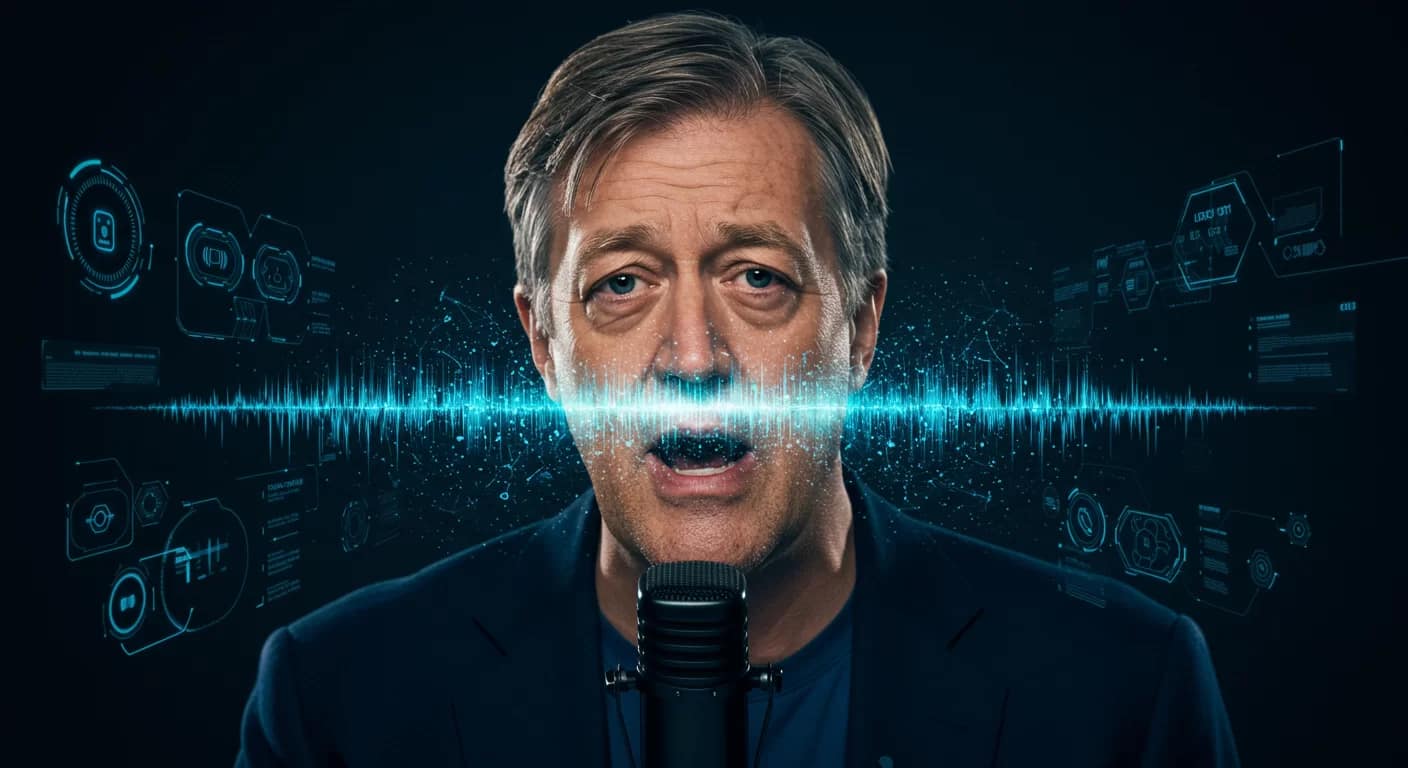 Stephen Fry interagindo com tecnologia de inteligência artificial que replica sua voz no Hay Festival, destacando os desafios éticos da IA na reprodução vocal.