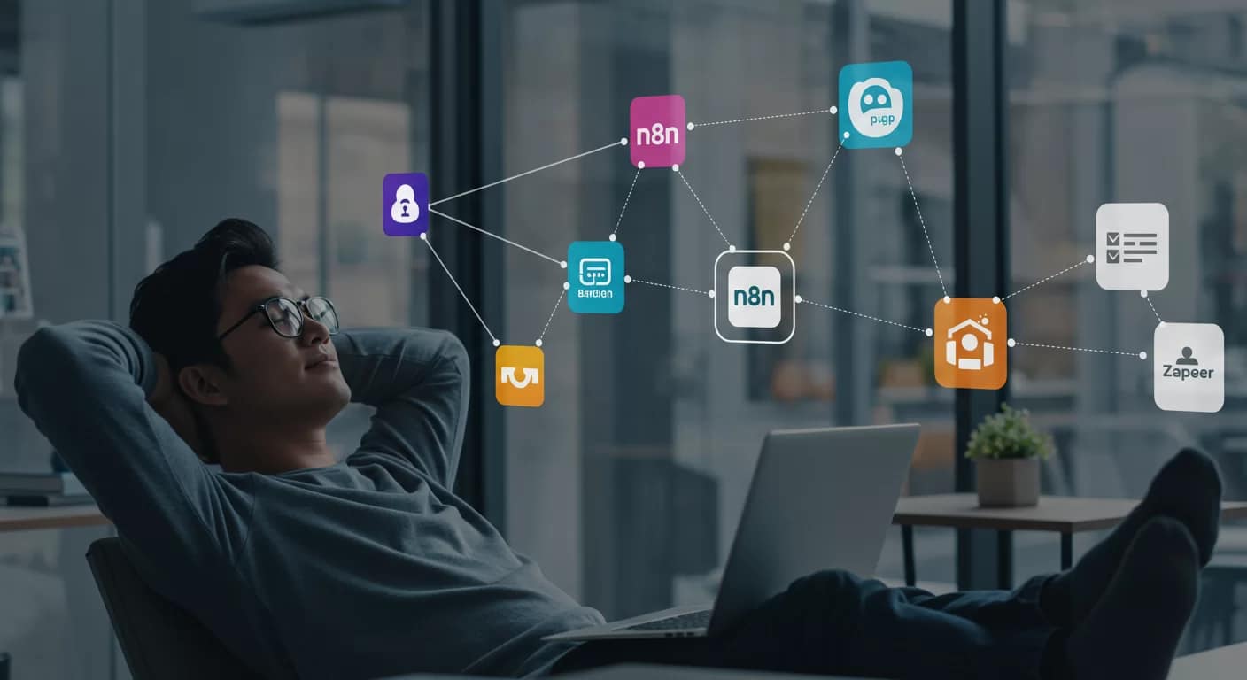 Ferramentas de automação de workflows com IA conectando aplicativos e executando tarefas repetitivas automaticamente, liberando tempo para atividades estratégicas.