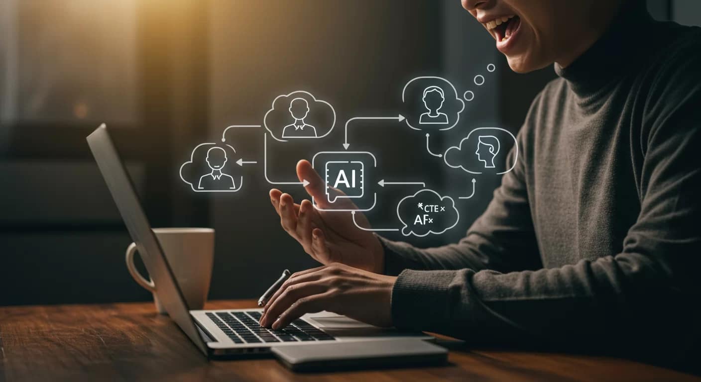 Pessoa utilizando técnica de cadeia de pensamento IA em um laptop, demonstrando como prompts avançados transformam interações com inteligência artificial para resultados mais precisos e detalhados.