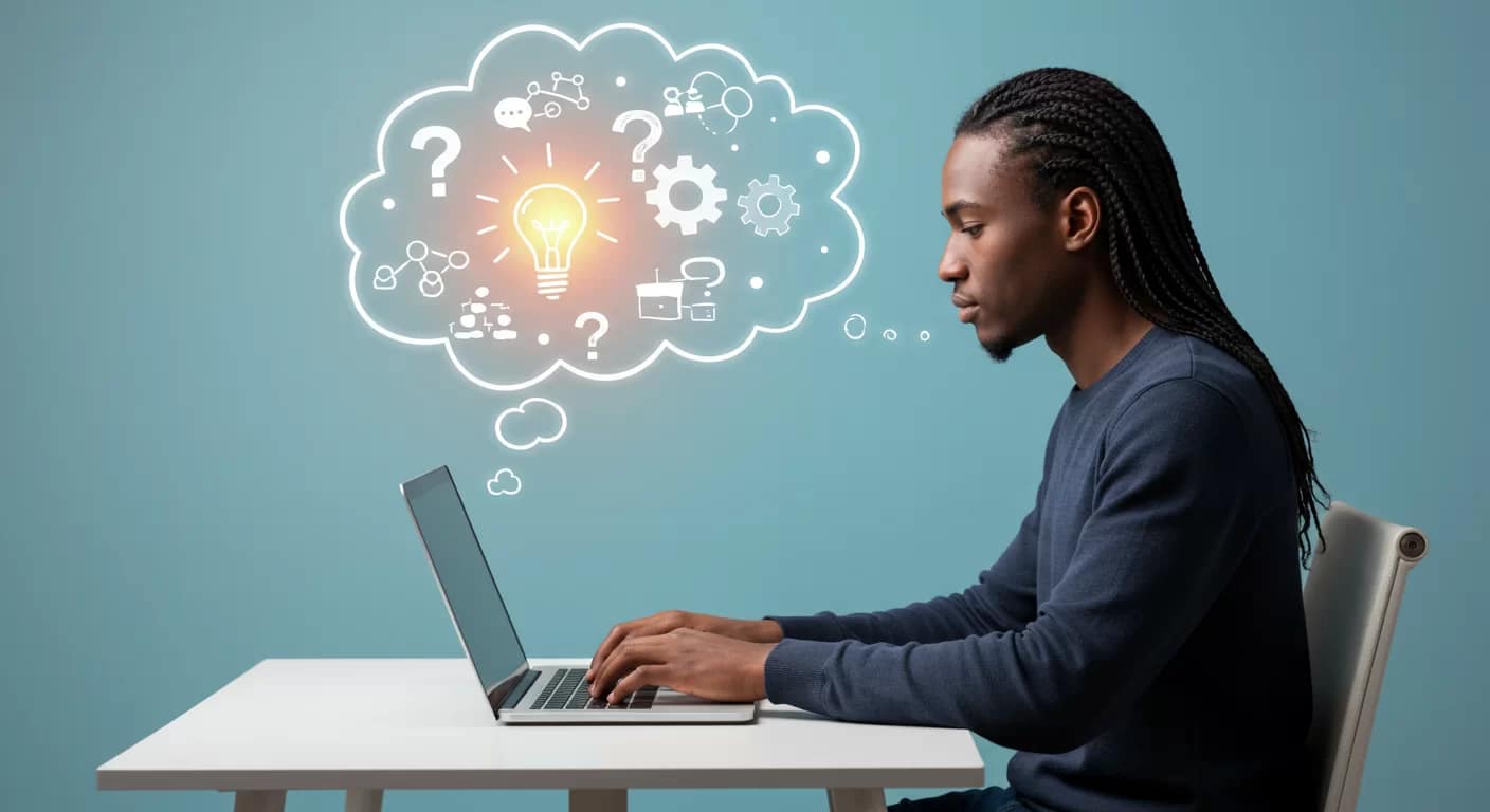 Pessoa digitando no laptop com ícones de ideias e perguntas, representando o conceito de prompting no ChatGPT.