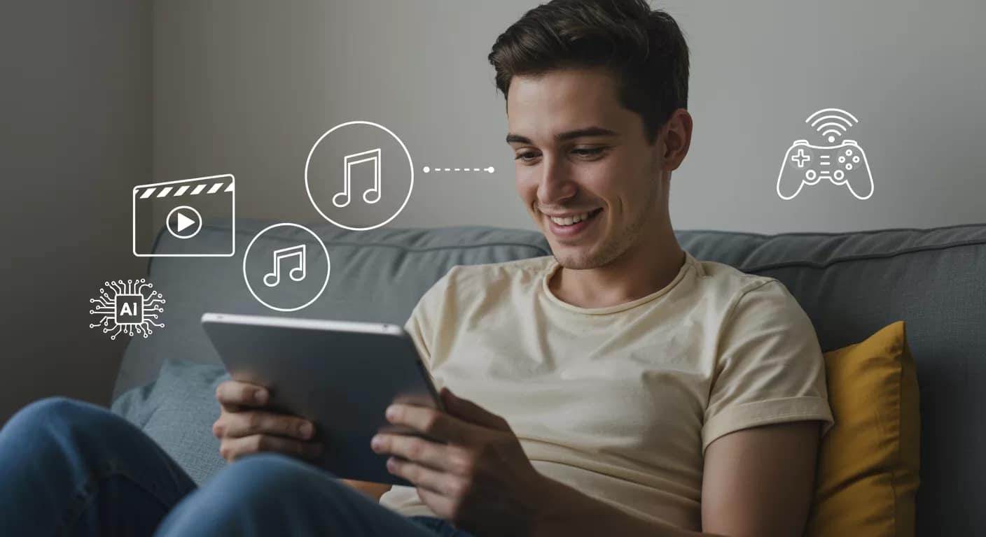Jovem utilizando tablet para acessar jogos, séries e músicas personalizados por inteligência artificial, simbolizando a presença da IA no entretenimento moderno.