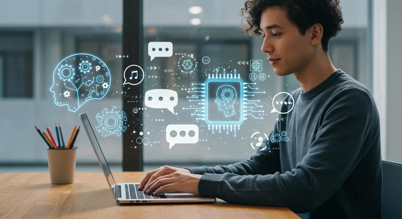 Pessoa digitando em laptop em ambiente moderno, com ícones de inteligência artificial e prompts, representando dúvidas comuns sobre erros de prompts IA e como melhorar comandos para obter melhores respostas.