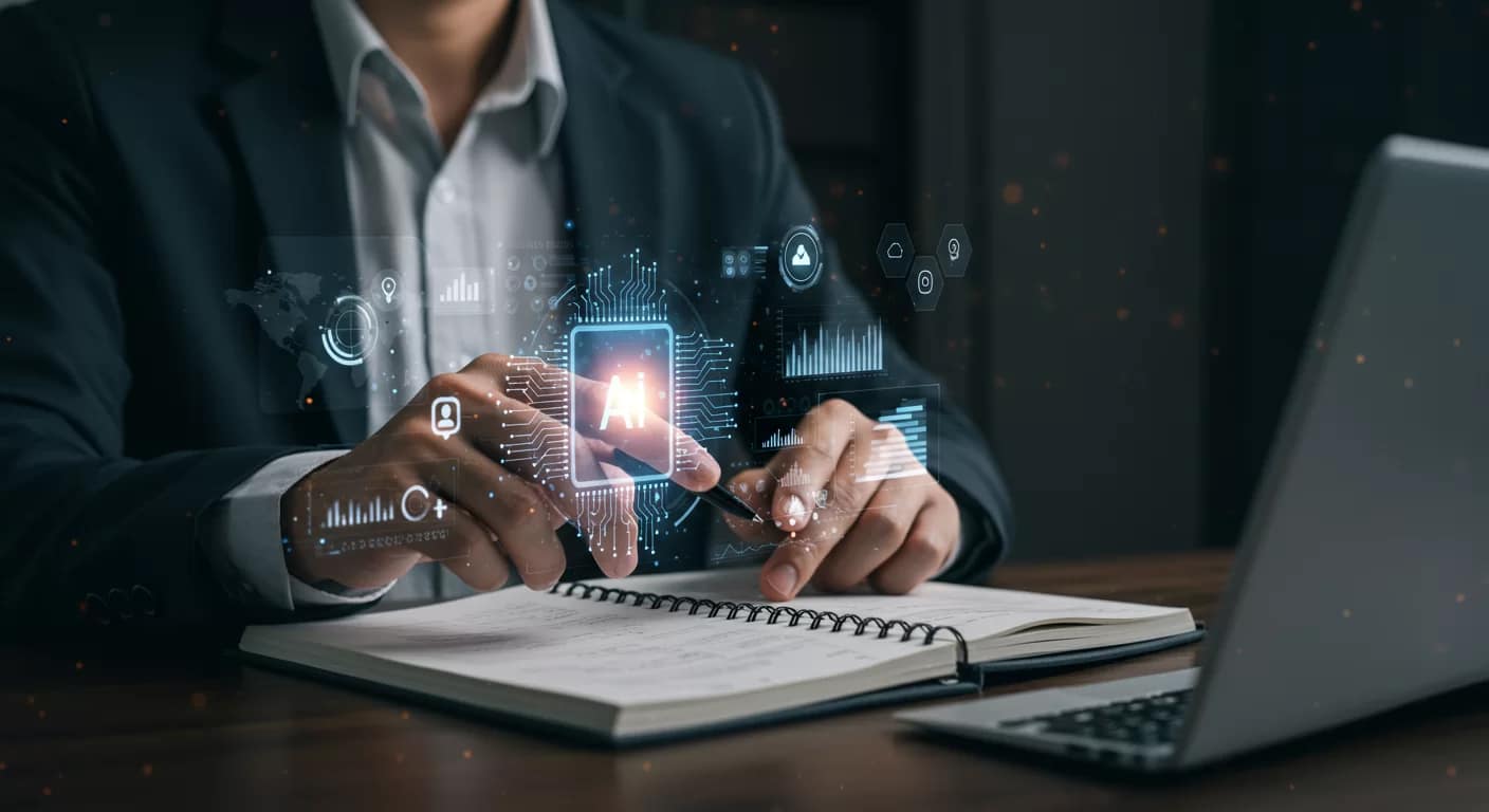 Espaço de trabalho digital futurista com interface de notebook holográfico, destacando a tecnologias e dicas avançadas de NotebookLM e a gestão eficiente de informações.