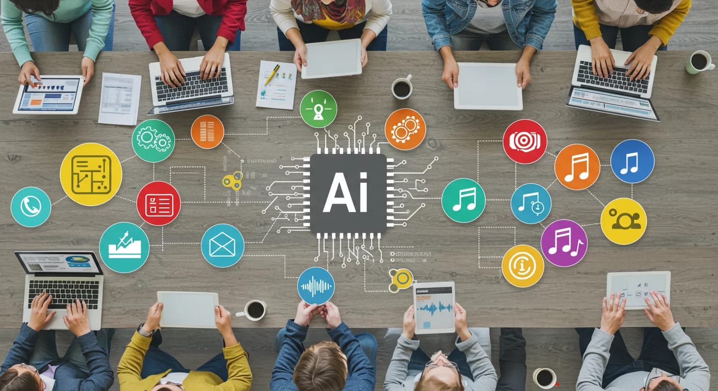 Pessoas usando ferramentas gratuitas de IA para criar textos, imagens e músicas em 2025, representando criatividade, inovação e acessibilidade digital.