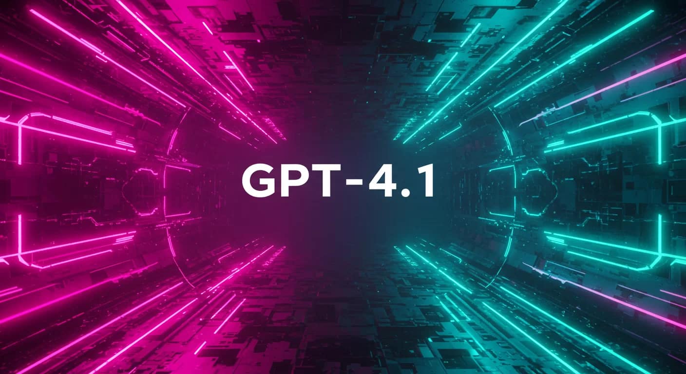 Fundo futurista em estilo neon com a palavra "GPT-4.1" em destaque no centro, simbolizando inovação em inteligência artificial.