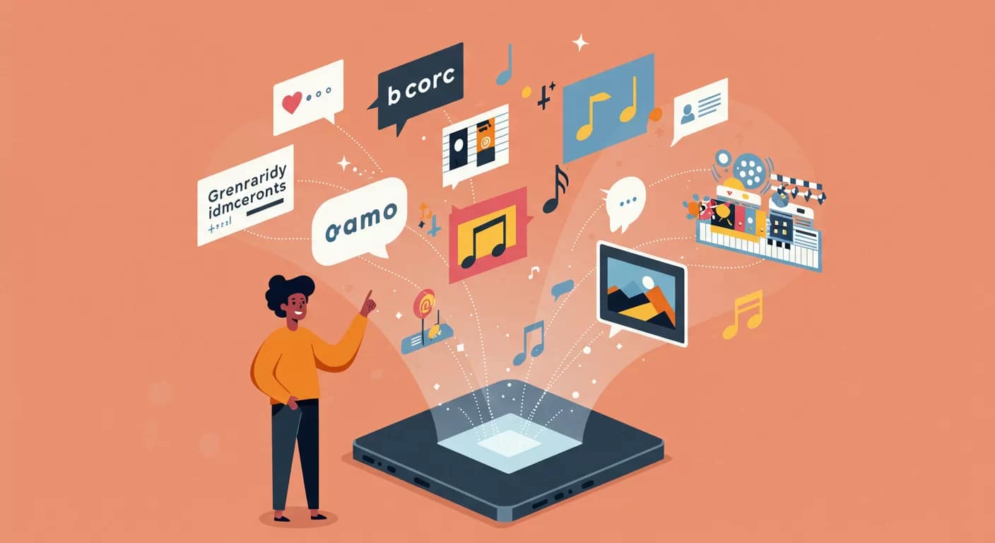 Pessoa interagindo com criações de IA generativa, incluindo textos, imagens e música, demonstrando como a inteligência artificial já faz parte do nosso cotidiano de forma acessível e criativa.