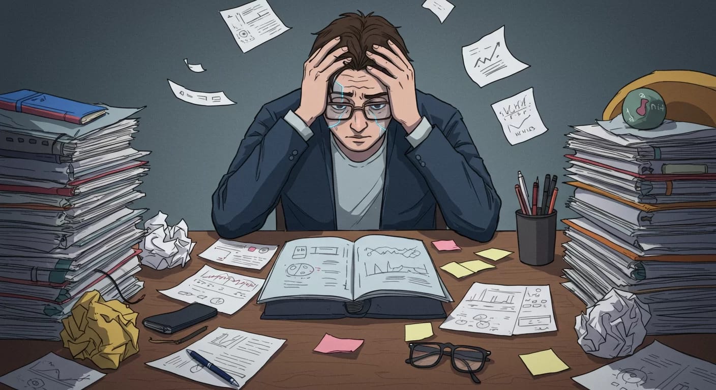 Pessoa cercada de papéis amassados representando a confusão inicial ao aprender IA.
