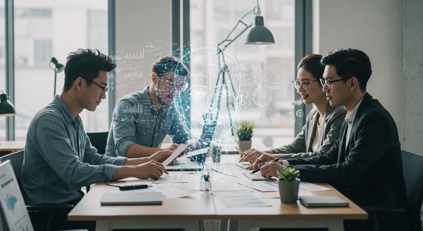 Pensar. Saber. Agir. Profissionais trabalhando com assistente de inteligência artificial em escritório moderno, representando integração de IA no ambiente corporativo e colaboração eficiente.