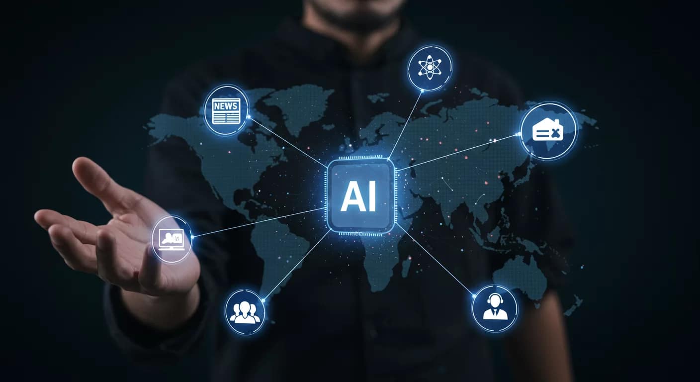 Ilustração de inteligência artificial conectada a fontes de dados reais, como notícias, pesquisas acadêmicas e suporte ao cliente, destacando a importância dos RAG prompts para respostas atualizadas e relevantes.