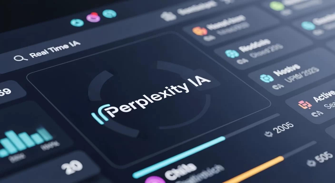 Interface digital futurista da Perplexity IA mostrando resultados de busca em tempo real.