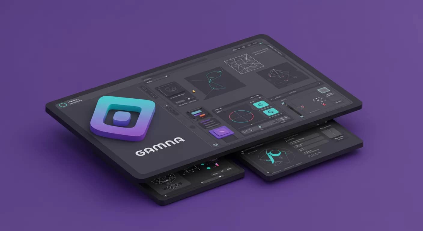 Gamma AI e interface destacando suas capacidades em design e criação de conteúdo.