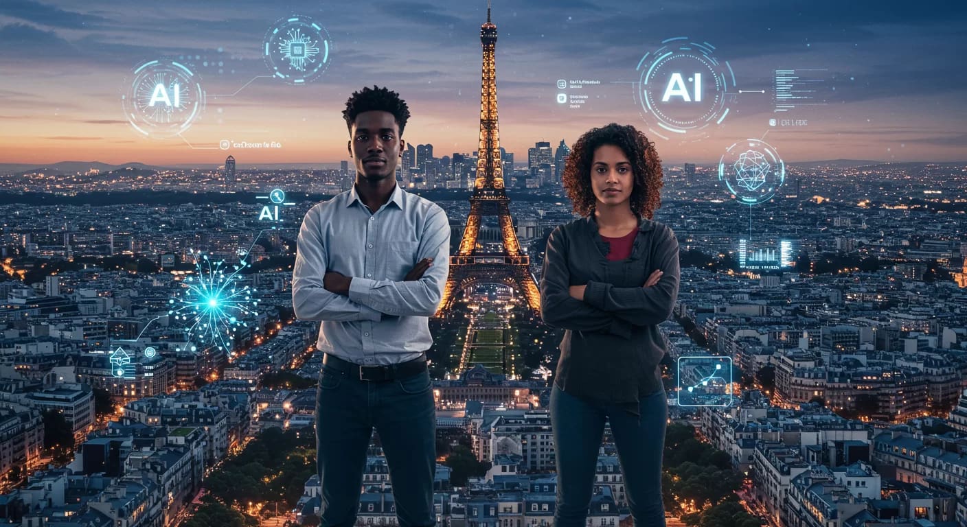 Ilustração da Mistral AI em Paris, com fundadores diante da Torre Eiffel e elementos de inteligência artificial, destacando inovação europeia e tecnologia de ponta.