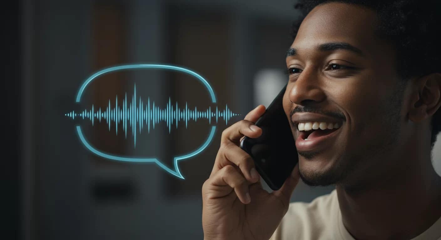 Pessoa sorrindo ao usar o modo de voz do Claude AI em seu smartphone, com ondas sonoras estilizadas, ilustrando a facilidade da interação por voz com inteligência artificial e a conveniência da tecnologia no cotidiano.