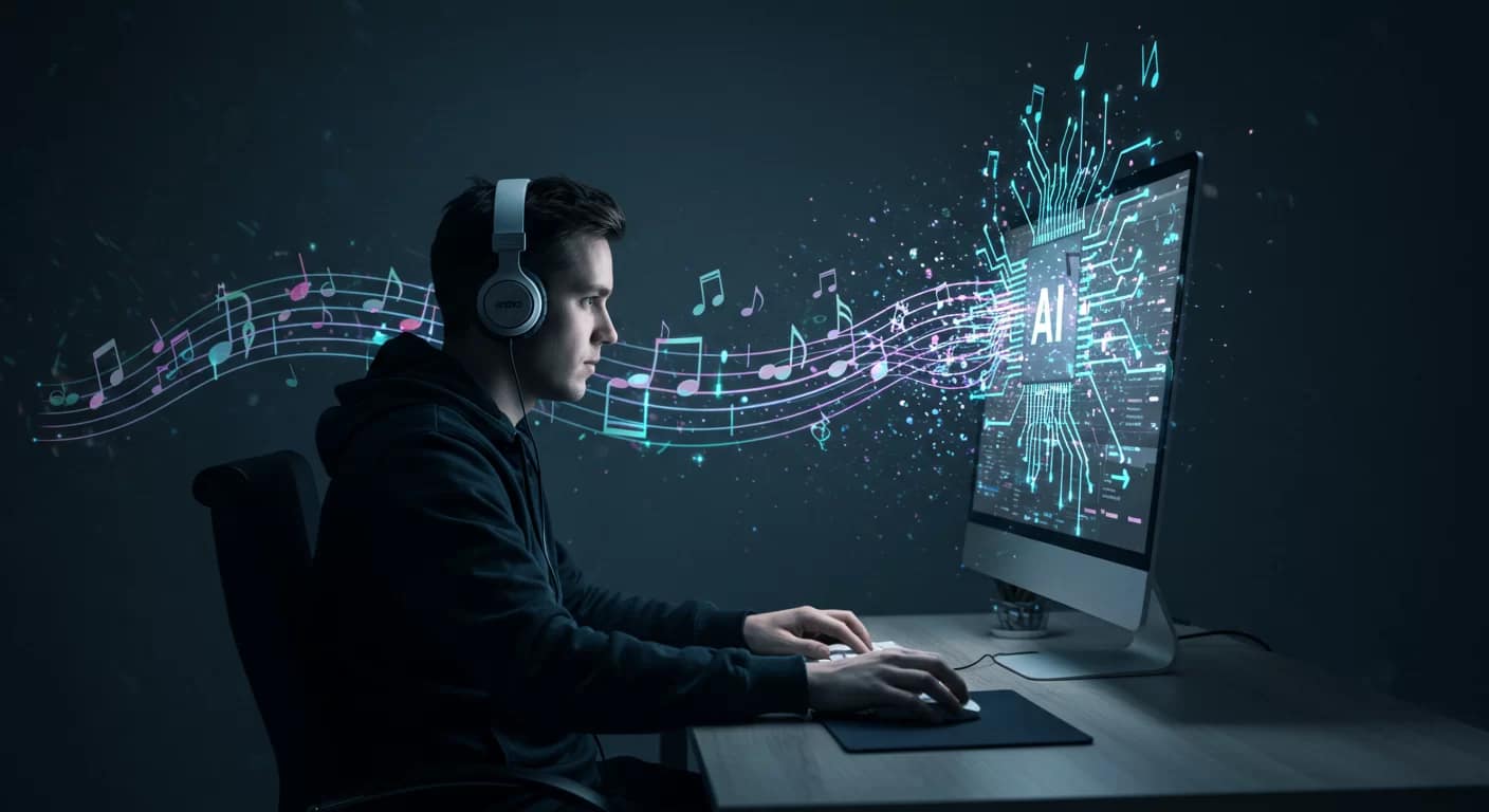 Criar músicas com IA em computador, notas musicais e padrões tecnológicos fluindo da tela, representando a fusão entre IA e composição musical.