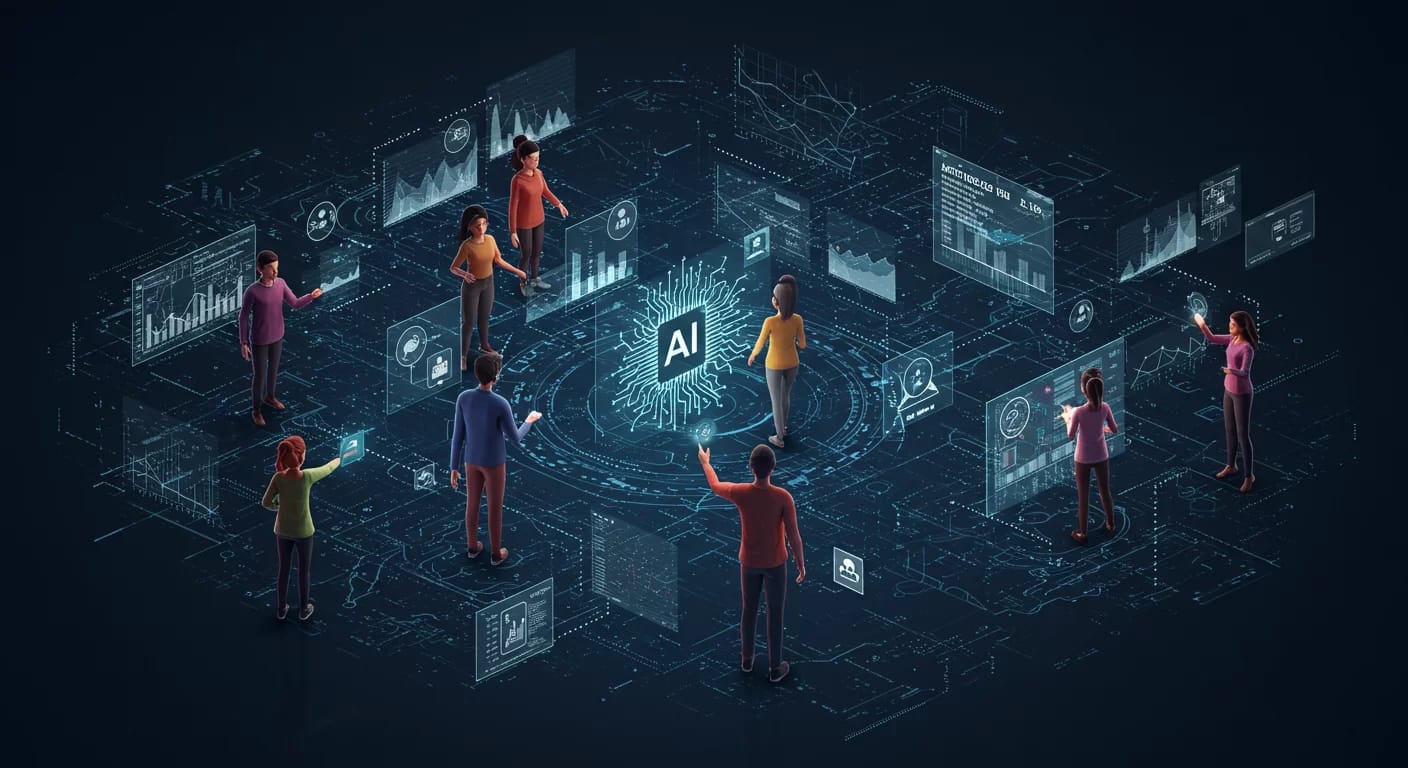 Grupo diverso de pessoas interagindo com inteligência artificial e algoritmos, simbolizando inclusão, tecnologia e o impacto do viés em IA no cotidiano.