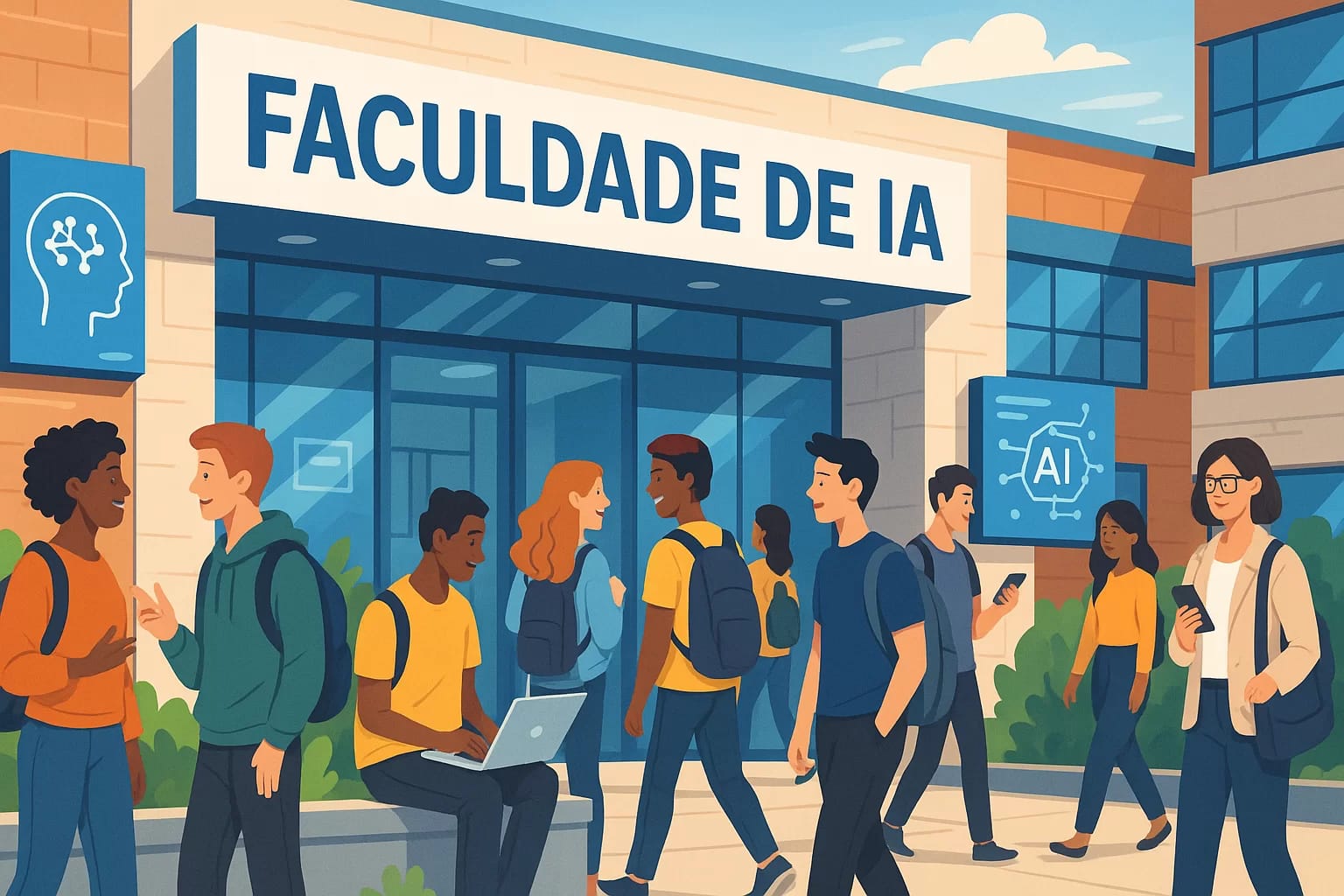 Entrada da OpenAI Academy (Faculdade de IA) com estudantes diversos chegando para aprender inteligência artificial gratuitamente, simbolizando inclusão e acesso democrático à educação tecnológica.
