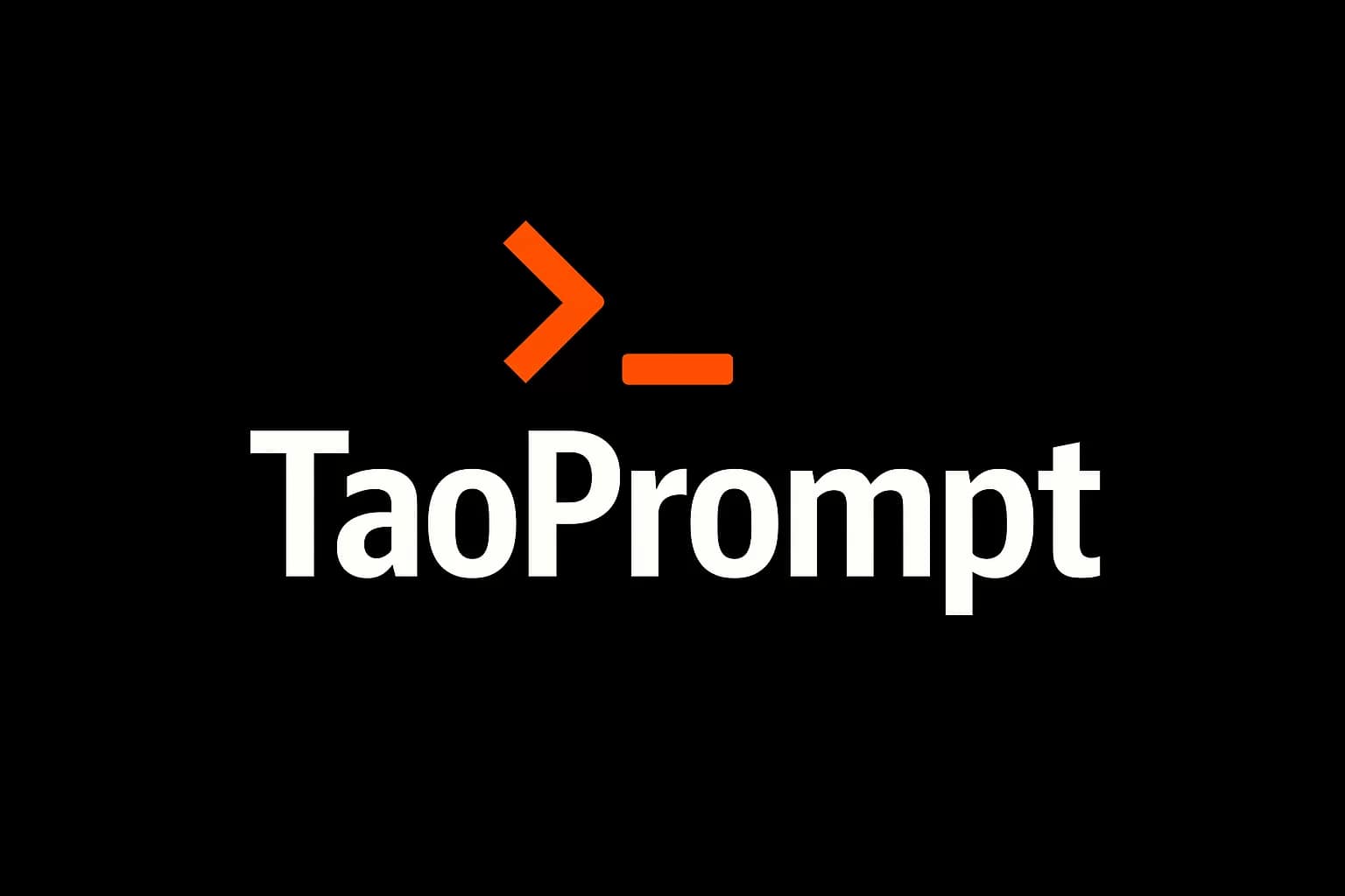 Imagem do logo "TaoPrompt" centralizado em branco sobre fundo preto, com um símbolo de console laranja acima, criando um contraste moderno e elegante.