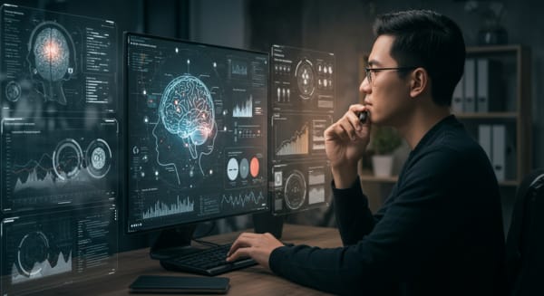 Analista de dados comportamentais trabalhando com visualizações avançadas que transformam dados em insights sobre comportamento humano para e-commerce e saúde