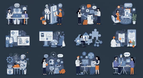 Ilustração conceitual mostrando robôs e humanos colaborando em ambiente de trabalho com tarefas complementares