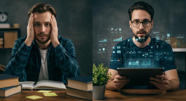 Comparação entre método tradicional e com IA para geração de ideias de conteúdo para YouTube, mostrando economia de tempo e eficiência.