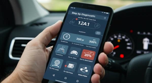 Interface de aplicativo de IA para diagnóstico automotivo mostrando análise de problemas no carro