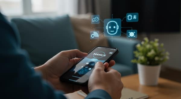 Pessoa utilizando comandos de voz para interagir com a IA generallista Manus em um smartphone