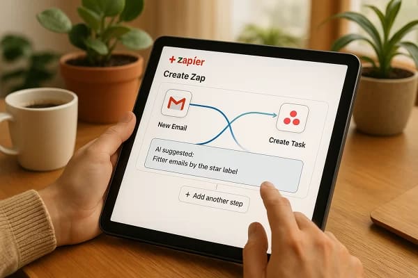 Usuário configurando automação no Zapier com interface intuitiva, conectando e-mail a gerenciador de projetos com assistência de IA.