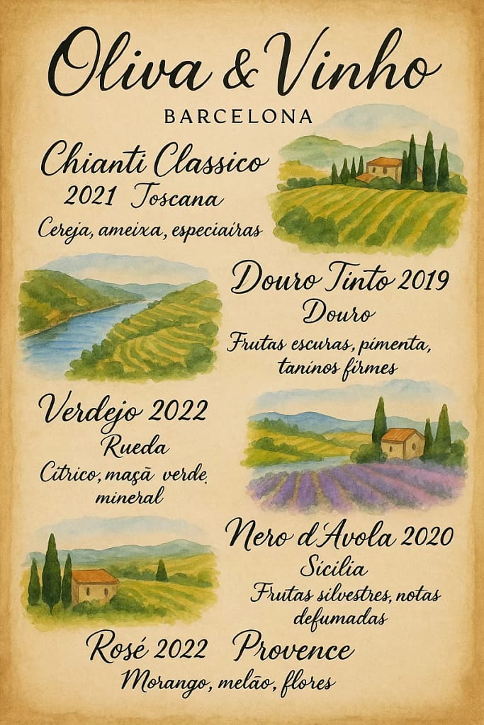 Um design elegante de carta de vinhos para Oliva & Vinho com ilustrações em aquarela e caligrafia em pergaminho envelhecido