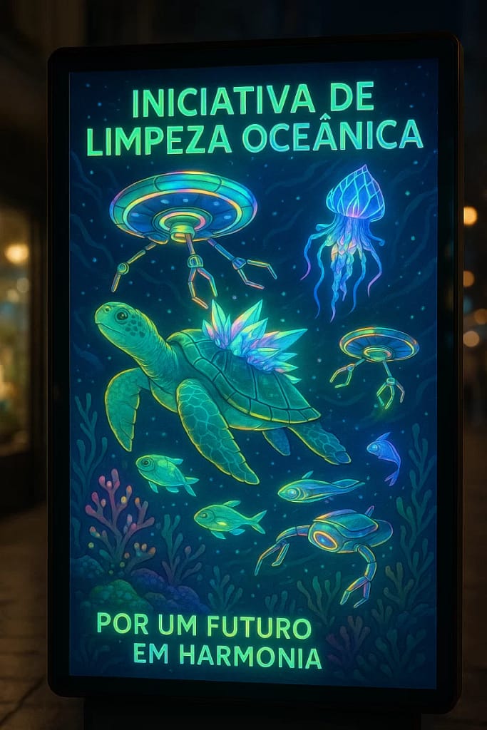 Uma campanha holográfica inspirada no solarpunk apresentando vida marinha bioluminescente e tecnologia de limpeza oceânica