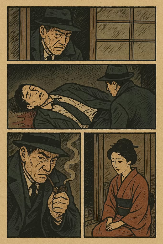 Uma cena de detetive reimaginada no estilo das tradicionais xilogravuras japonesas ukiyo-e